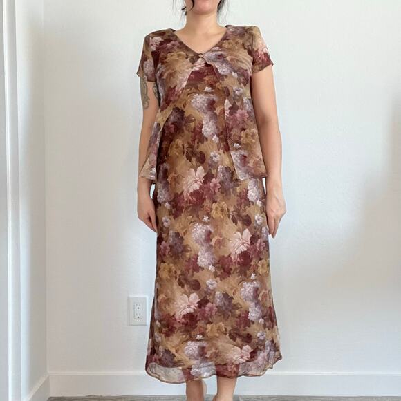 Jessica Howard Petite Floral Chiffon Midi Dress Brown Purple Overlay 90s‎ Mom - Picture 2 of 13